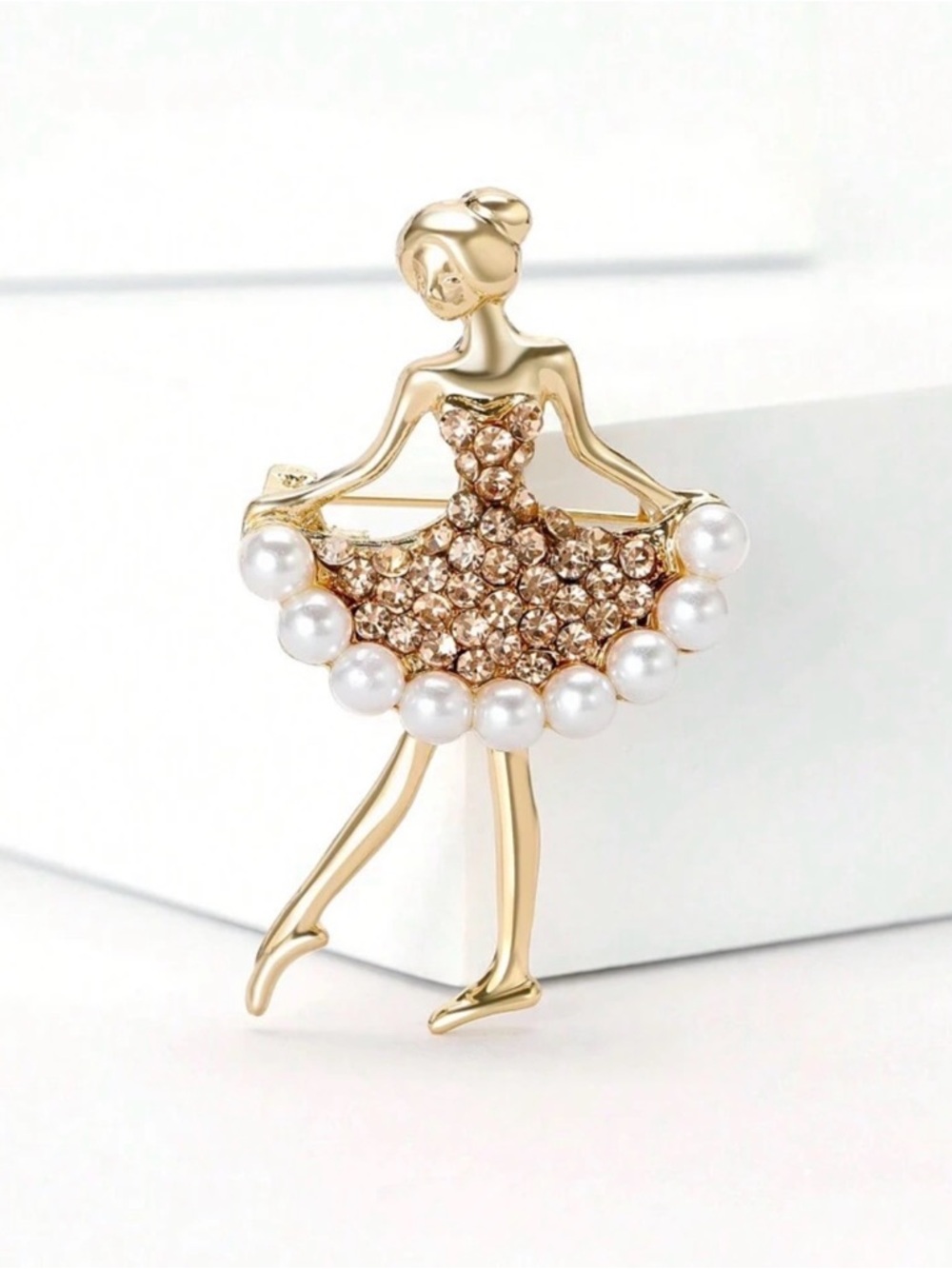 Gold Ballerina Brooch with Champagne Crystals and White Pearls